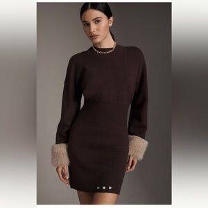 NWT By Anthropologie Brown Long Sleeve Faux Fur Trim Sweater Mini Dress Size L